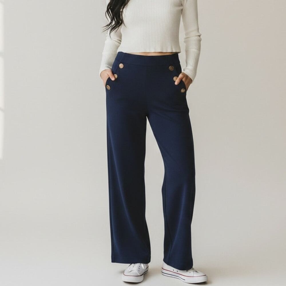 SPANX Ponte Button Front Wide Leg Pants Women's Sz S Lapis Blue Corpcore Stretch